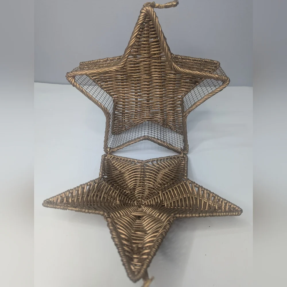 Vintage Star Shaped Basket Wicker and Wire Metallic Gold with Lid